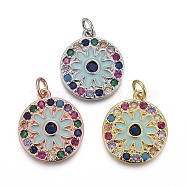 Brass Micro Pave Colorful Cubic Zirconia Pendants, with Enamel and Jump Rings, Long-Lasting Plated, Flat Round with Flower, Mixed Color, 19x16x2.5mm, Hole: 3mm(KK-F821-32)