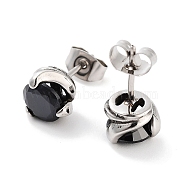 Flat Round 316 Surgical Stainless Steel Pave Black Cubic Zirconia Stud Earrings for Women Men, Antique Silver, 8x8mm(EJEW-Z050-23AS)