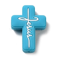 Silicone Beads, Cross with Word Jesus, Deep Sky Blue, 30x22x8mm, Hole: 2.5mm(SIL-Z010-01F)