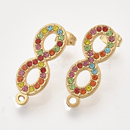 304 Stainless Steel Stud Earring Findings, with Rhinestone, Loop and Ear Nuts/Earring Backs, Infinity, Golden, Colorful, 26.5x10x2mm, Hole: 1.5mm, Pin: 0.8mm(STAS-T052-01G-13)