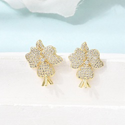 Brass Micro Pave Cubic Zirconia Stud Earrings for Women, Flower, Real 18K Gold Plated, 20x16mm(EJEW-F422-02G)
