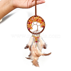 Wrapped Tree of Life Glass Pendant Decorations, Iron Woven Web/Net with Feather Car Hanging Decorations, Orange, 390mm(PW-WG23522-01)
