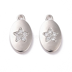 Brass Micro Pave Clear Cubic Zirconia Charms, Cadmium Free & Lead Free, Oval with Flower, Platinum, 14.5x8x2mm, Hole: 1.2mm(KK-G418-10P)