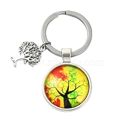 Alloy Glass Keychains, with 304 Stainless Steel Keychain Clasps, Flat Round, Yellow, 6.2cm(KEYC-YW00008-12)