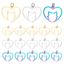 DICOSMETIC 30Pcs 3 Style Ion Plating(IP) 201 Stainless Steel Filigree Kitten Pendants, with Jump Rings,  Heart with Cat Shape, Mixed Color, 17x20x1mm, Hole: 3mm, 10pcs/style(STAS-DC0004-72)
