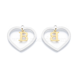 201 Stainless Steel Pendants, Hollow, Heart with Letter A~Z, Real Gold Plated & Stainless Steel Color, Letter.B, 29x29.5x1mm, Hole: 2mm, A~Z: 12x8~10.5x1mm(STAS-N090-LA894-B-P)