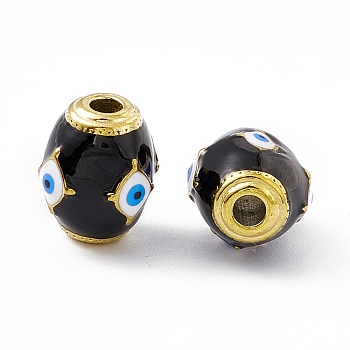 Vacuum Plating 201 Stainless Steel Beads, with Enamel, Real 18K Gold Plated, Barrel with Evil Eye, Black, 14.5x11x11mm, Hole: 3mm