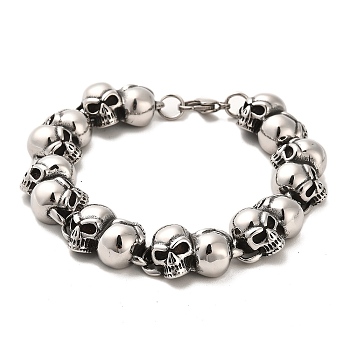 304 Stainless Steel Skull Link Chain Bracelets, Antique Silver, 8-1/2 inch(21.7cm)