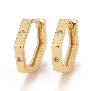 Clear Cubic Zirconia Hexagon Hoop Earrings, Brass Hinged Earrings for Women, Cadmium Free & Nickel Free & Lead Free, Real 18K Gold Plated, 13x14.5x2.5mm, Pin: 0.8mm