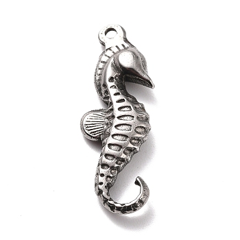 304 Stainless Steel Pendants, Textured, Sea Horse, Stainless Steel Color, 29.5x10.5x4.5mm, Hole: 1.6mm