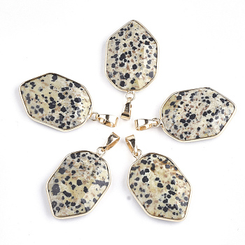 Natural Dalmatian Jasper Pendants, with Brass Findings, Faceted, Shield, Golden, 36x22.5x6mm, Hole: 8x4.5mm