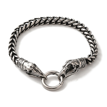 316 Surgical Stainless Steel Wheat Chain Viking Raven Skull Bracelets, Antique Silver, 8-3/4 inch(22.2cm)