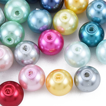 Glass Imitation Pearl Beads, Round, with Column Acrylic Bead Containers, Mixed Color, 8.5x7.5mm, Hole: 1mm, Box: 85x85x85
