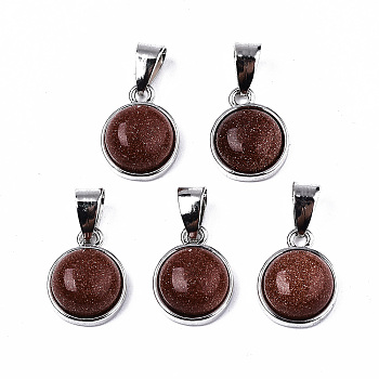 Synthetic Goldstone Pendants, with Platinum Tone Brass Settings and Platinum Tone Iron Snap on Bails, Half Round/Dome, 15.5x12x6mm, Hole: 5x7mm