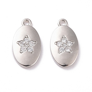 Brass Micro Pave Clear Cubic Zirconia Charms, Cadmium Free & Lead Free, Oval with Flower, Platinum, 14.5x8x2mm, Hole: 1.2mm