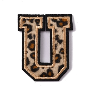 Polyester Computerized Embroidery Cloth Iron On Sequins Patches, Leopard Print Pattern Stick On Patch, Costume Accessories, Appliques, Letter.U, 60x49x1.5mm