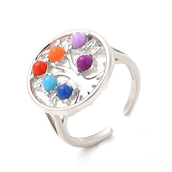 Colorful Resin Beaded Tree of Life Open Cuff Ring, Brass Jewelry for Women, Platinum, US Size 6 3/4(17.1mm)