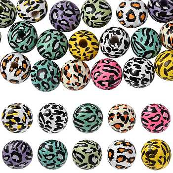 20Pcs 10 Colors Printed Wood Beads, Round with Leopard Print, Mixed Color, 16x14.5mm, Hole: 4.5mm, 2pcs/color