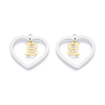 201 Stainless Steel Pendants, Hollow, Heart with Letter A~Z, Real Gold Plated & Stainless Steel Color, Letter.B, 29x29.5x1mm, Hole: 2mm, A~Z: 12x8~10.5x1mm