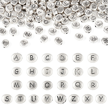 130Pcs 26 Style Tibetan Style Alloy Beads, Antique Silver, Oval with Letter, Letter, 6x6.5x3.3mm, Hole: 1mm, 5pcs/style