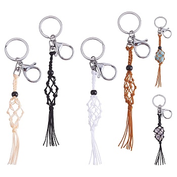 4Pcs  4 Colors Macrame Fringe Braided Keychain, Black Glass Bead Tassel Charm Key Ring for Handbag, Car Decoration, Beige, 17.5cm, 1pc/color