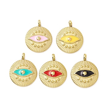 Vacuum Plating 304 Stainless Steel Enamel Pendants, Light Gold, Flat Round with Eye, Mixed Color, 19x15x4mm, Hole: 2.4mm
