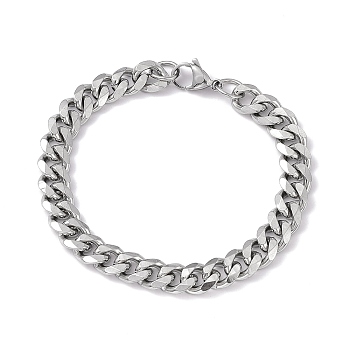 201 Stainless Steel Curb Chain Bracelet with 304 Stainless Steel Clasps for Men Women, Stainless Steel Color, 8-1/8 inch(20.7cm), Link: 11x9x2.5mm
