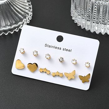 304 Stainless Steel Micro Pave Cubic Zirconia Stud Earrings Kits For Women, Mixed Shape, Golden, 5~8.5x9.5~11mm