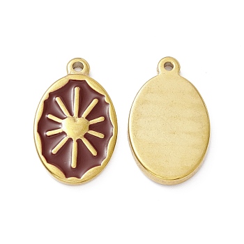 Enamel Pendants, with Golden Plated 304 Stainless Steel Findings, Oval with Sun, Dark Red, 23.5x14x2.5mm, Hole: 1.6mm