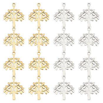 16Pcs 2 Colors Ion Plating(IP) 304 Stainless Steel Pendants, Tree of Life Charms, Golden & Stainless Steel Color, 17x14.5x1.4mm, Hole: 1.4mm, 8pcs/color