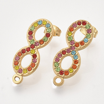 304 Stainless Steel Stud Earring Findings, with Rhinestone, Loop and Ear Nuts/Earring Backs, Infinity, Golden, Colorful, 26.5x10x2mm, Hole: 1.5mm, Pin: 0.8mm