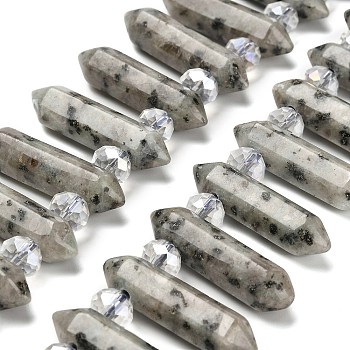 Natural Sesame Jasper Double Terminated Point Beads Strands, with Glass Beads, Faceted Bullet, Top Drilled, 31~33x7~9x7~9mm, Hole: 1mm, about 26~27pcs/strand, 15.16~15.75''(38.5~40cm)