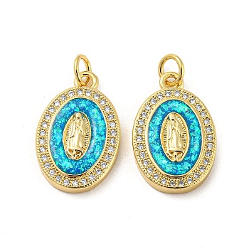 Brass Micro Pave Cubic Zirconia with Synthetic Opal Pendants, with Jump Ring, Real 18K Gold Plated, Oval, Oval, 19.5x12.5x3mm