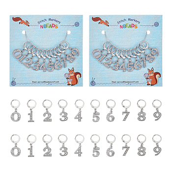 Zinc Alloy & Glass Number Pendant Locking Stitch Markers, 304 Stainless Steel Clasp Stitch Marker, Clear, 3.15cm, 10 style, 1pc/style, 10pcs/set