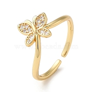 Rack Plating Brass Micro Pave Clear Cubic Zirconia Open Cuff Rings, Butterfly, Real 18K Gold Plated, Inner Diameter: 17.8mm(RJEW-M162-01G)