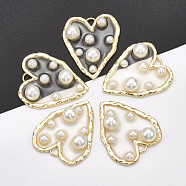Epoxy Resin Pendants, with Alloy Findings and ABS Plastic Imitation Pearl, Heart, Light Gold, Clear, 36x31x8mm, Hole: 2mm(PALLOY-T067-32)