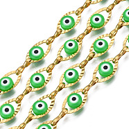 Ion Plating(IP) 304 Stainless Steel Textured Oval Cable Chains, with Enamel Evil Eye Beads, with Spool, Unwelded, Real 18K Gold Plated, Nickel Free, Spring Green, 11x5.5x3mm, 7.5x3x1mm, about 32.81 Feet(10m)/Roll(CHS-T003-33G-03)