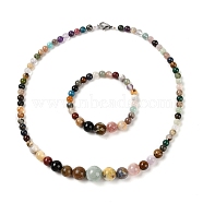 Natural Mixed Stone Round Beads Bracelets & Necklaces Sets, with 304 Stainless Steel Clasps, 18.70 inch(475mm)(SJEW-L132-21)