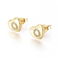 Brass Micro Pave Cubic Zirconia Stud Earrings, with Ear Nuts, Long-Lasting Plated, Heart with Initial Letter, Golden, Clear, Letter.O, 8x9x2mm, Pin: 0.7mm(EJEW-I234-01G-O)