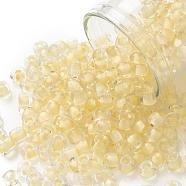 6/0 Glass Seed Beads, Transparent Inside Colours, Round Hole, Round, Champagne Yellow, 6/0, 4~5x2.5~4.5mm, Hole: 1.2mm, about 4500pcs/bag(SEED-A014-4mm-131)