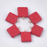 Handmade Porcelain Pendants, Frosted, with Brass Findings, Square, Golden, Red, 15.5~17x13x4mm, Hole: 1.5mm(PORC-T002-83A)