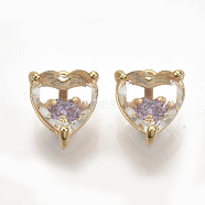 Brass Cubic Zirconia Charms, Nickel Free, Heart, Real 18K Gold Plated, Lilac, 10x8.5x6.5mm, Hole: 1mm(KK-T050-06G-02-NF)