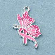 Breast Cancer Pink Awareness Ribbon Theme Alloy Enamel Pendants, Silver, Butterfly, 25.5x14x1.5mm, Hole: 1.5mm(ENAM-A147-01D)