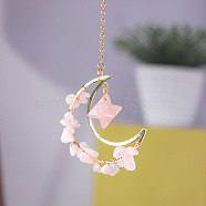 Natural Rose Quartz Chip Wire Wrapped Metal Moon Hanging Ornaments, Gemstone Merkabah Charm for Home Outdoor Decoration, 250mm(PW-WG29186-05)
