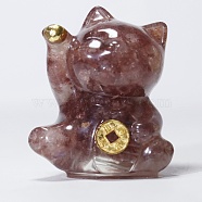 Resin Craft Display Decorations, with Natural Strawberry Quartz Chip, Lucky Cat Figurine, for Home Feng Shui Ornament, 63x55x45mm(DJEW-PW0021-29G-07)