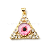 Real 18K Gold Plated Brass Pendants, with Glass and Acrylic, Triangle With Evil Eye Charms, Deep Pink, 27x28x7mm, Hole: 4x3.5mm(KK-L209-007G-01)