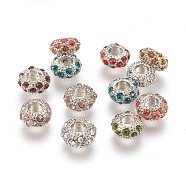 Perles européennes en alliage avec strass, Perles avec un grand trou   , rondelle, de couleur métal platine , couleur mixte, 11x6mm, Trou: 5mm(CPDL-H998)
