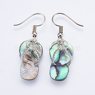 Natural Paua Shell/Abalone Shell Dangle Earrings, with Brass Findings, Flip Flops, Colorful, 40~41mm, Pin: 0.7mm(EJEW-F147-G04)