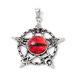 Glass Pendants, with Antique Silver Plated Alloy Findings, Star with Evil Eye, Red, 47x44x9mm, Hole: 7x4mm(FIND-A015-02C-AS)