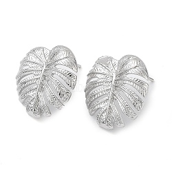 Brass Stud Earring Finding, with Vertical Loop, Tropical Leaf, Real Platinum Plated, 18x18mm, Hole: 1.2mm, Pin: 0.7mm(KK-C031-27P)